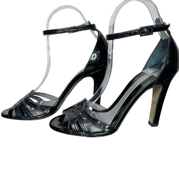 Theory Adella Black Patent Leather Italian 4" Peep Toe Heels Women's 37.5 / 7.5 - Picture 1 of 8